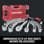 Photo of CRAFTSMAN socket and drive tool set CMMT45071 with red case, ratchets, sockets, and accessories.