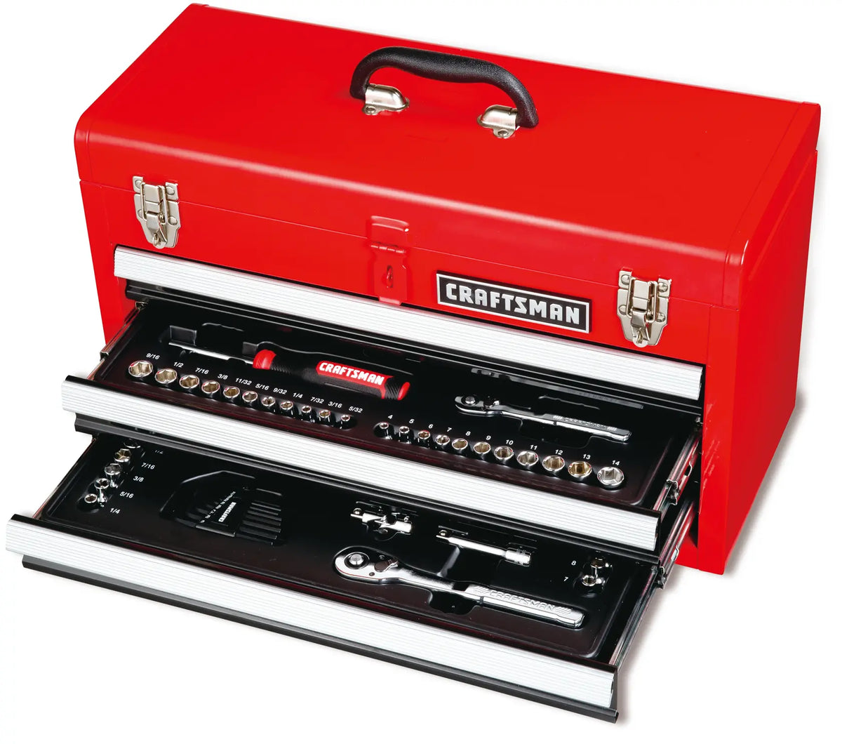 Craftsman CMMT45104 red metal toolbox photography with open drawers showing organized socket set and tools.