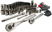 Craftsman CMMT45304 chrome mechanic tool set with ratchets, sockets, screwdriver, and bits, angled on white background.