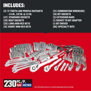 Photo of Craftsman 230-piece SAE and metric mechanics tool set, SKU CMMT45306, with chrome sockets, ratchets, wrenches, and bits.