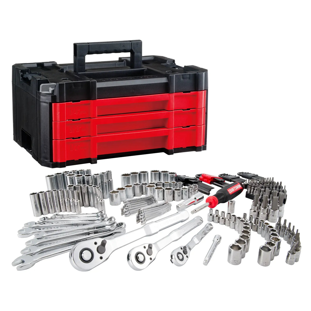 Craftsman CMMT45306 socket and wrench set with red-black toolbox, photo taken from front angle.