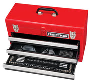 Photo of CRAFTSMAN red tool box with open drawers showing tools, SKU CMMT45308, front angle.