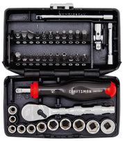 Photo of Craftsman ratchet and socket set CMMT45750V with bits, handle, and sockets in black case, top view.
