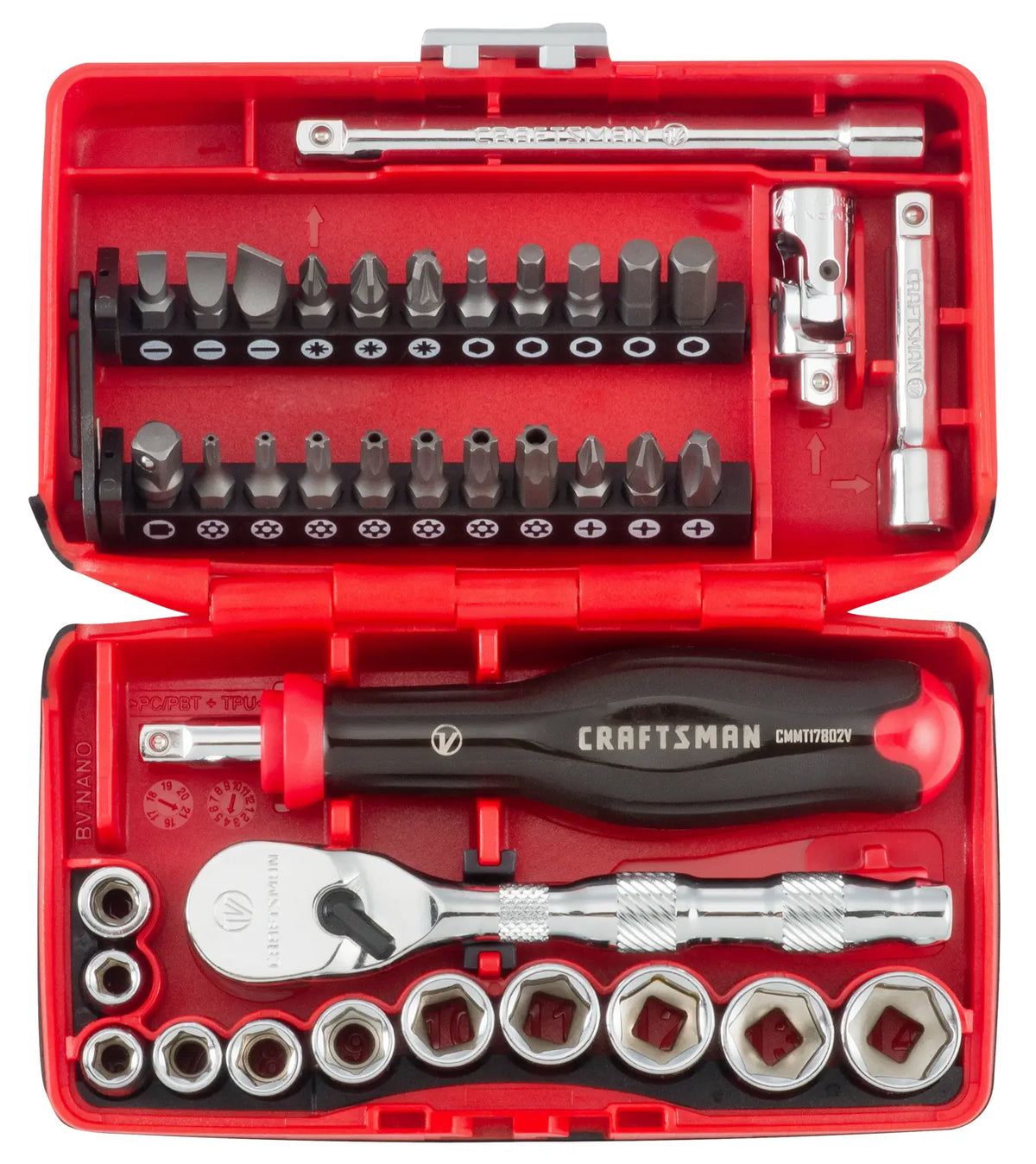 Photo of Craftsman ratchet and bit set CMMT45751V in red case, top view showing sockets, bits, and tools.