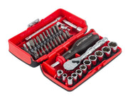 Photo of CRAFTSMAN socket and bit set CMMT45751V in red case, showing ratchet, sockets, bits, and accessories, angled view.
