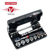 Photo of Craftsman V-Series ratchet and socket set CMMT45752V, black case open, multiple sockets, on white background.