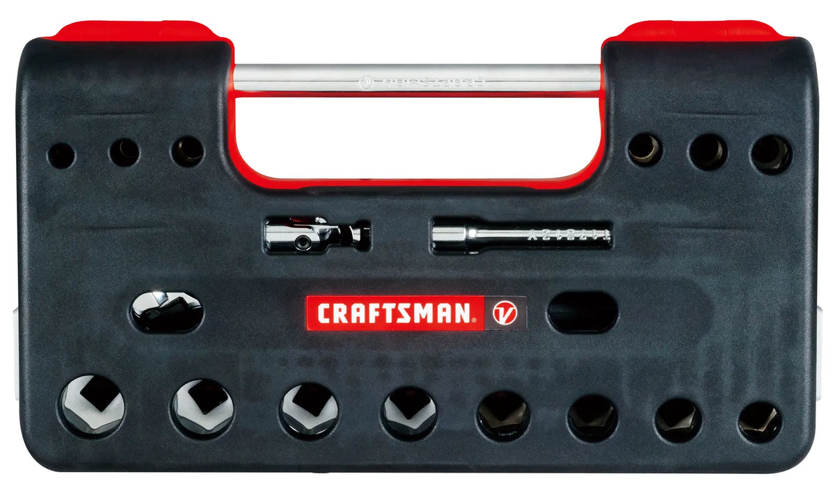 Photo of Craftsman socket set in black and red case, model CMMT45753V, shown from the front on white background.