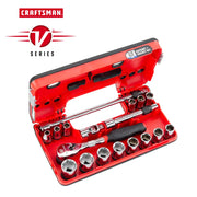 Photo of Craftsman V-Series ratchet and socket set in red case, model CMMT45753V, sockets and accessories shown, angled view.