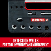 Photo of CRAFTSMAN CMMT45753V tool organizer tray with detection wells for sockets, featuring CRAFTSMAN logo, front angle.