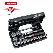 Craftsman ratchet and socket set CMMT45754V in black case, with multiple sockets, extensions, and ratchet displayed at an angle.