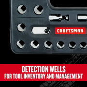Photo of Craftsman tool set case CMMT45754V showing detection wells for tool inventory and management, angled close-up.