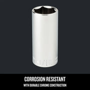 Craftsman chrome socket, CMMT50756, tall cylindrical design, shown in front angle.