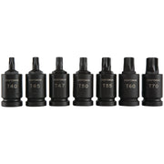 Photo of Craftsman 7-piece black Torx bit socket set, SKU CMMT50839, front angle, arranged in a row on white background.