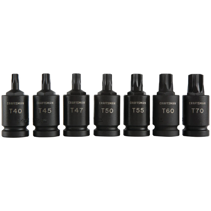 Photo of Craftsman 7-piece black Torx bit socket set, SKU CMMT50839, front angle, arranged in a row on white background.