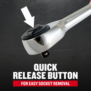 Photo of CRAFTSMAN ratchet showing quick release button feature, SKU CMMT86000, angled view.