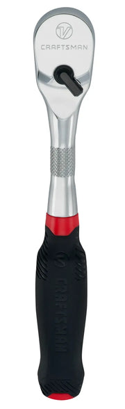Photo of Craftsman ratchet wrench CMMT86324V, front angle, black and red handle with knurled grip.