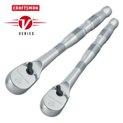 Photo of Craftsman V Series ratchet wrench set, silver finish, textured grip, SKU CMMT86503V, top angle.