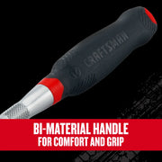 Craftsman graphics CMMT86504V tool handle, black and red bi-material design, angled view.