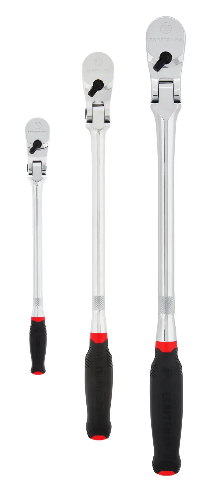 Photo of three Craftsman breaker bars with black and red handles, front angle, SKU CMMT86506V.