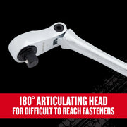 Craftsman ratchet with 180° articulating head, silver finish, side angle; SKU CMMT86506V.