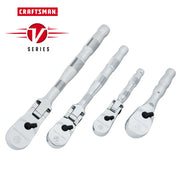 Photo of Craftsman V Series ratchet set, chrome finish, four sizes, SKU CMMT86507V, graphics category, front angle.