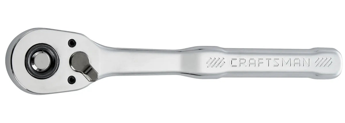 A chrome-finished Craftsman ratchet wrench, showing the top view with the brand name engraved on the handle.