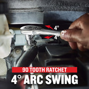 Photo of CRAFTSMAN ratchet CMMT86722 used in engine bay, showing 4° arc swing and 90 tooth ratchet feature.