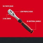 Photo of Craftsman 1/4 in. drive ratchet CMMT86821 with low profile head, 72-tooth gear, bi-material handle, angled view.