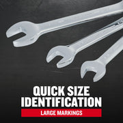Photo of three Craftsman open-end wrenches with large size markings, SKU CMMT87010, on black background.