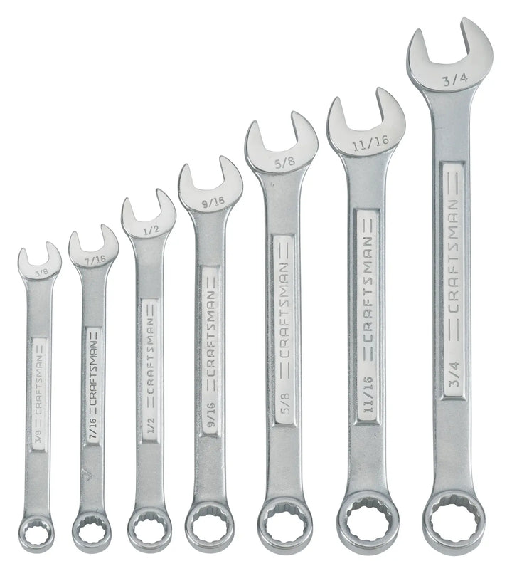 Craftsman CMMT87016 set of seven combination wrenches, silver finish, sizes 3/8 to 3/4, front view on white.