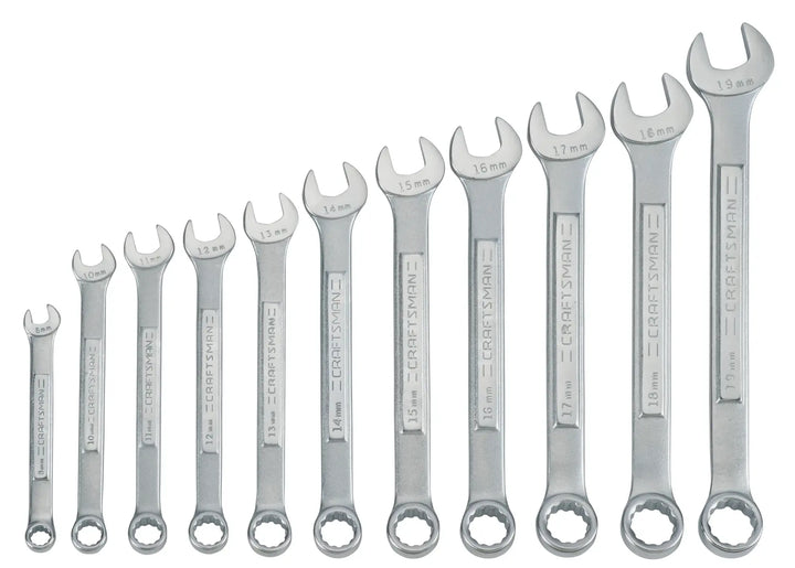 CRAFTSMAN CMMT87017 metric combination wrench set, 12-piece, silver steel, top-down view on white background.
