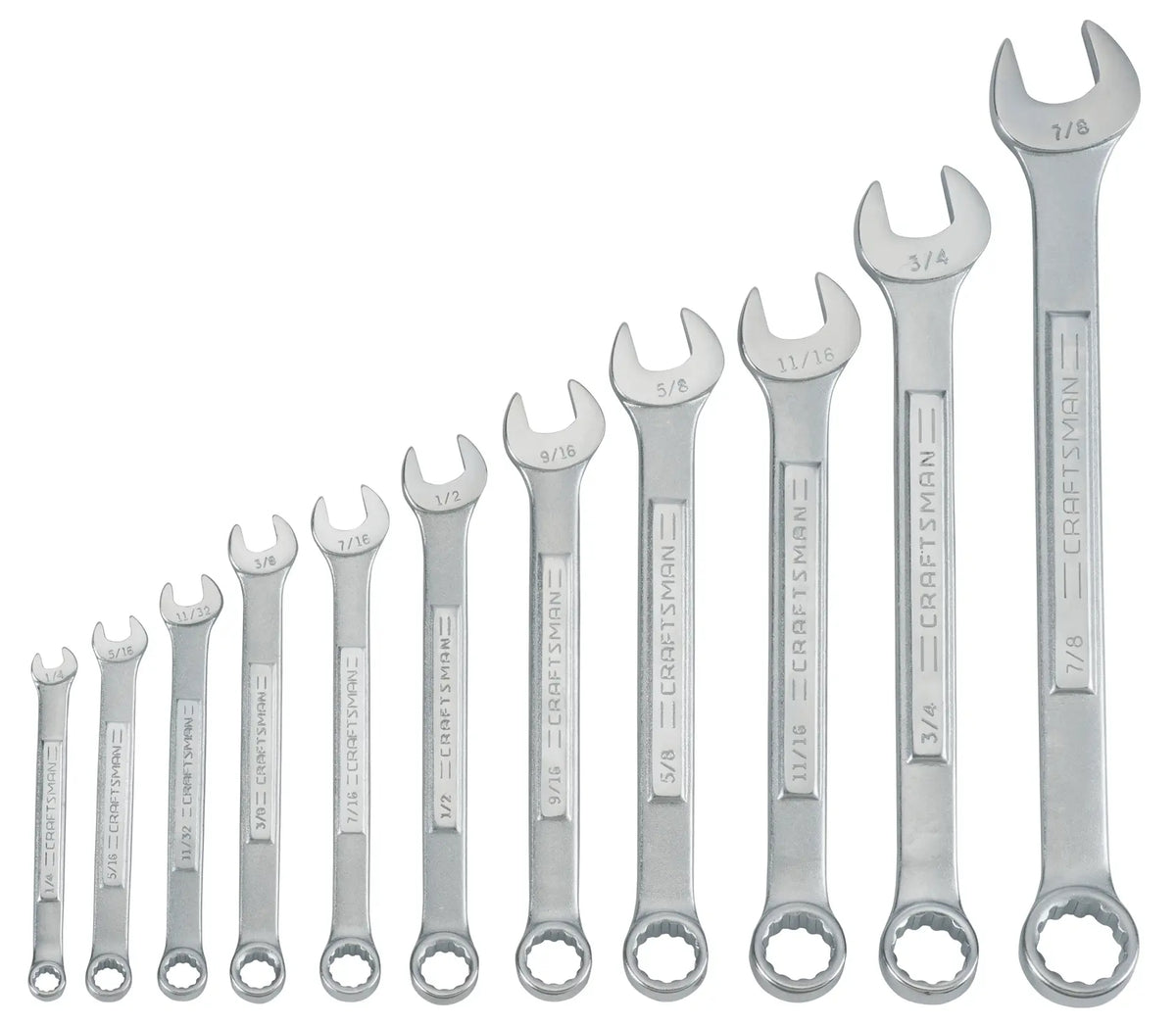 Craftsman CMMT87018 wrench set with twelve silver combination wrenches arranged by size, white background, top view.