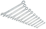 Craftsman CMMT87018 wrench set, 11-piece, silver, combination wrenches arranged in size order, front angle on white.