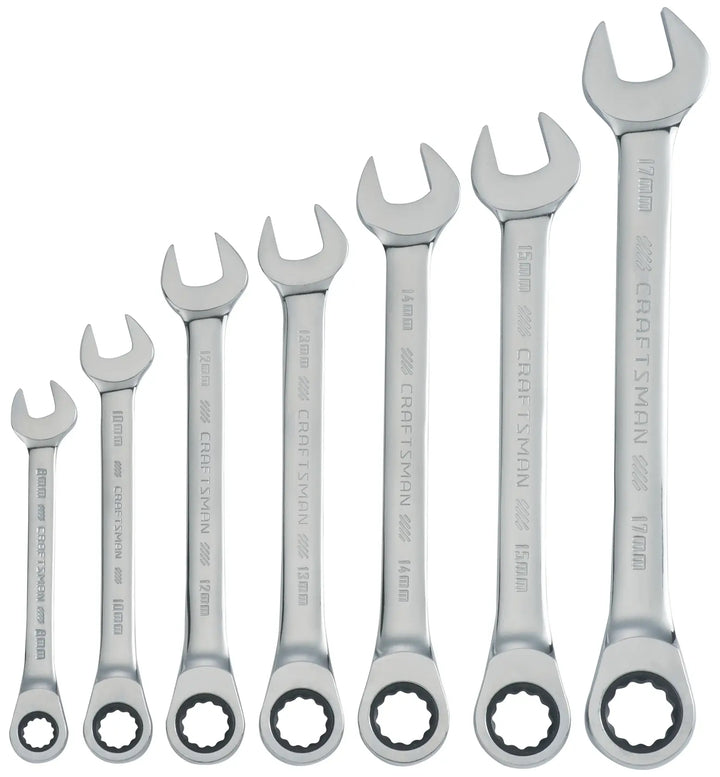 Photo of Craftsman CMMT87019 ratcheting wrench set, seven silver wrenches arranged left to right, front angle.