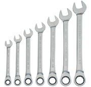 Photo of Craftsman CMMT87020 wrench set, 7 silver combination wrenches in various sizes, front angle, white background.