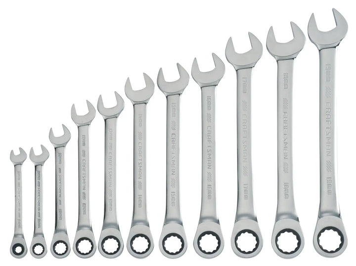 Photo of Craftsman wrench set, SKU CMMT87021, eleven chrome wrenches lined up, front angle on white background.