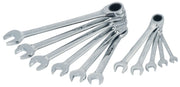 Photo of Craftsman ratcheting combination wrench set SKU CMMT87021, silver chrome finish, fanned on white background.