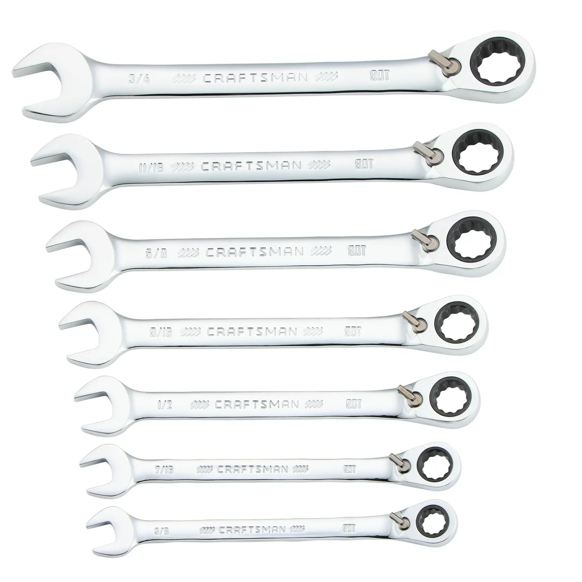 Photo of seven CRAFTSMAN ratcheting combination wrenches, chrome finish, SKU CMMT87024, front view on white background.