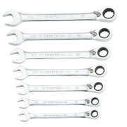 Photo of seven CRAFTSMAN ratcheting combination wrenches, chrome finish, SKU CMMT87024, front view on white background.