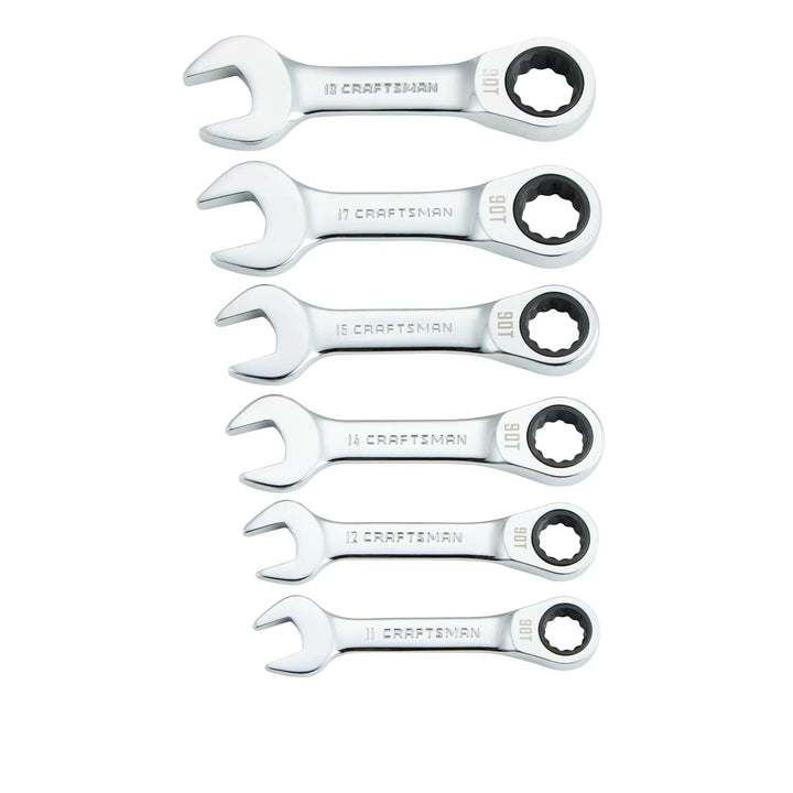 Six silver Craftsman combination wrenches of different sizes, arranged in a vertical row. Each wrench has an open-end on one side and a ratcheting box-end on the other side. Sizes are labeled as 11, 12, 14, 15, 17, and 18.