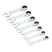 A set of seven CRAFTSMAN chrome combination wrenches with open ends and ratcheting box ends, arranged in a row on a white background.