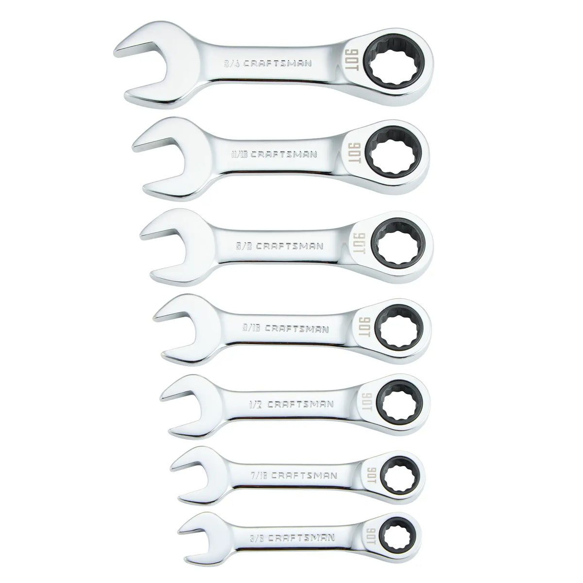 A set of seven CRAFTSMAN ratcheting combination wrenches arranged in a row, showing various SAE sizes engraved on the handles. Each wrench has a chrome finish with an open end on one side and a ratcheting box end on the other.