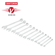 Craftsman V-Series wrench set CMMT87300V, twelve silver combination wrenches displayed on white background.