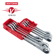 Craftsman chrome ratcheting wrench set in red V-Series case, model CMMT87375V, angled view on white background.