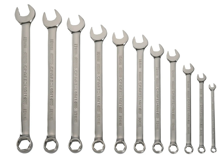 A set of eleven combination wrenches arranged in size order from largest to smallest. Each wrench has an open end and a box end, and is made of polished metal. The sizes are clearly marked on the wrenches, and the brand name 'Craftsman' is engraved on each handle.