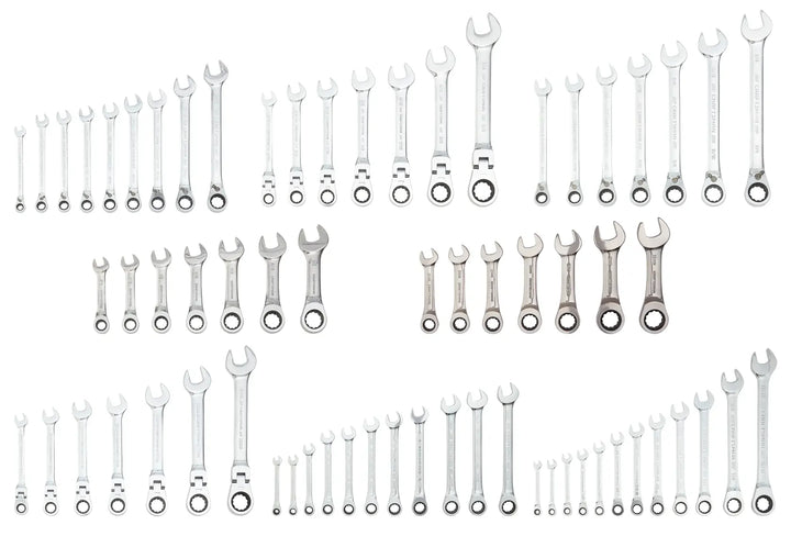 Photo of CRAFTSMAN SKU CMMT87901 ratcheting wrench set, assorted sizes, silver finish, top-down angle, white background.