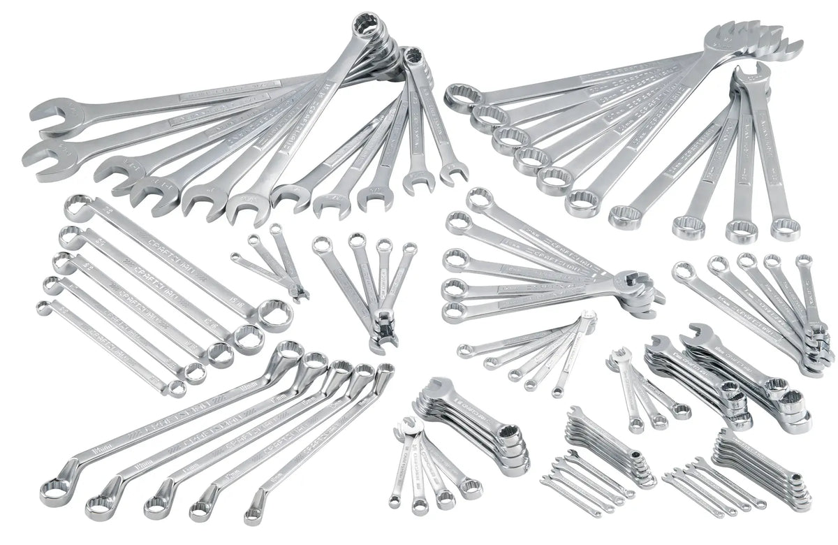 Photo of CRAFTSMAN combination wrench set, SKU CMMT87902, silver, assorted sizes, laid out on white background.