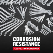 Craftsman CMMT87902 combination wrenches with full polish chrome finish arranged on black surface, text highlights corrosion resistance.