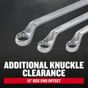 Photo of CRAFTSMAN wrenches CMMT87902 with 15° box end offset, highlighting additional knuckle clearance.