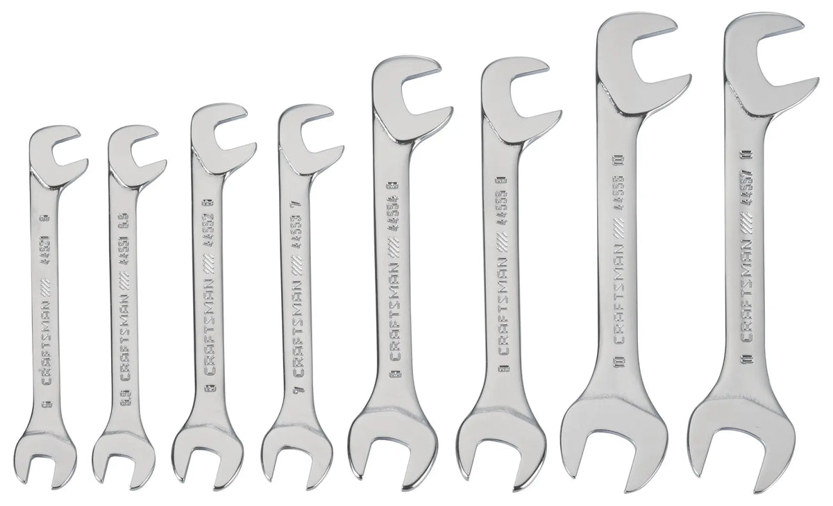 Front angle photo of Craftsman open-end wrench set, chrome finish, eight pieces, SKU CMMT94308.